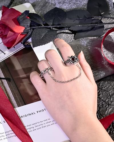 Detalle de Zikichiky Silver Rose Double Ring Chain Gothic Adjustable Ring for Women