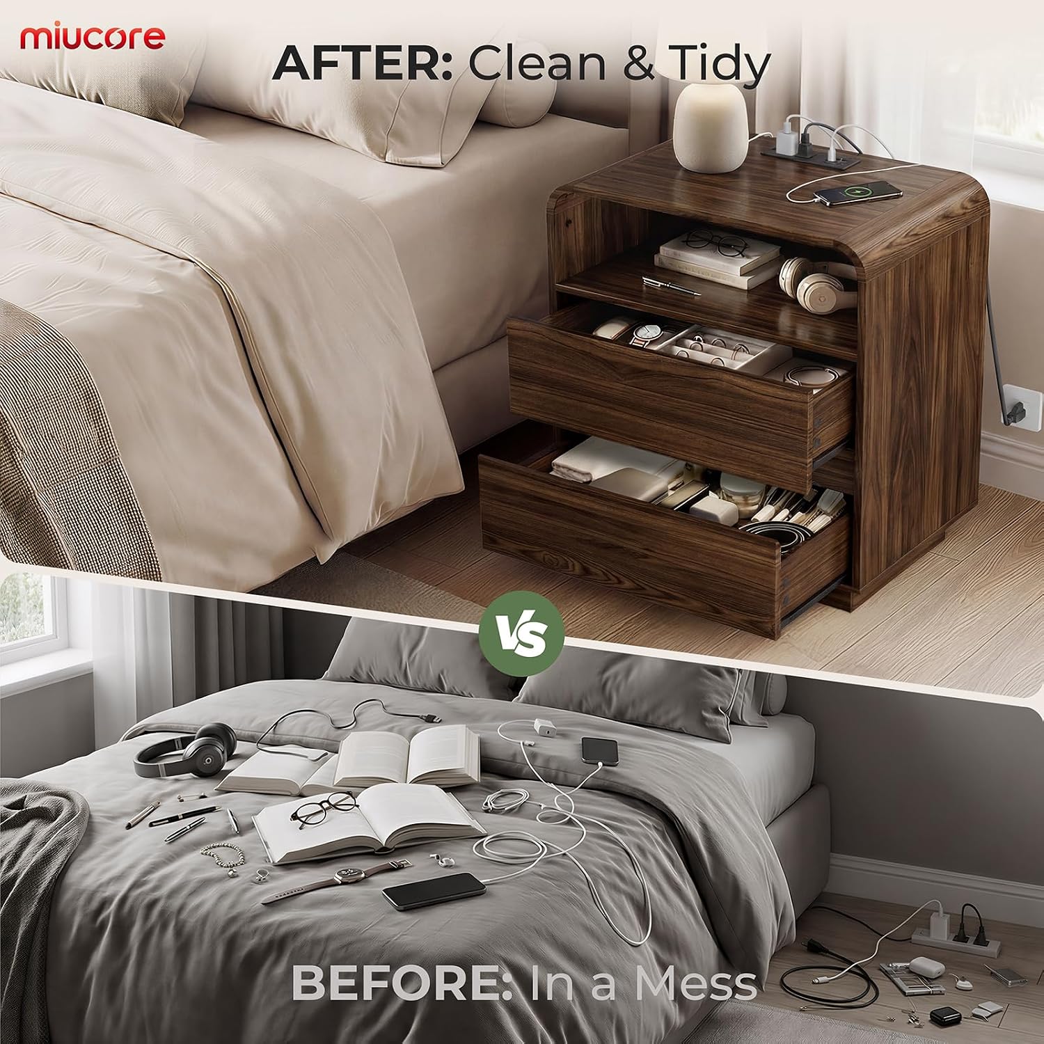 Thumbnail 4 de Miucore FN-NS002 Walnut Nightstand with Charging Station and 2 Drawers