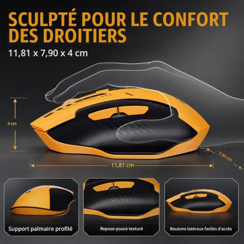 Thumbnail 5 de inphic A9 souris gamer rechargeable, trois modes, 12 800 DPI, RVB, jaune