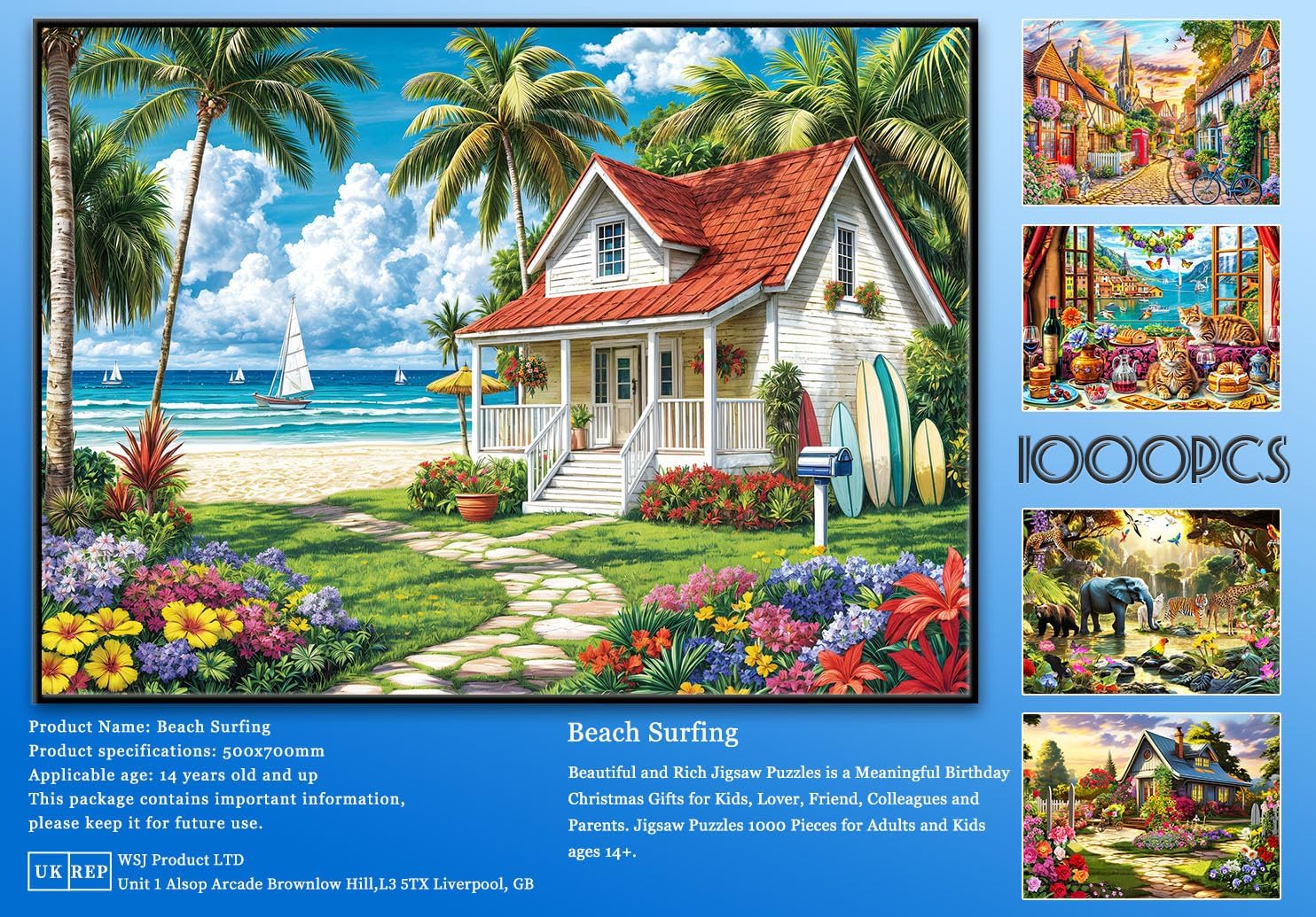 Thumbnail 6 de 1000-Piece Beach House Fun Surfing Jigsaw Puzzle for Adults (70cm x 50cm)