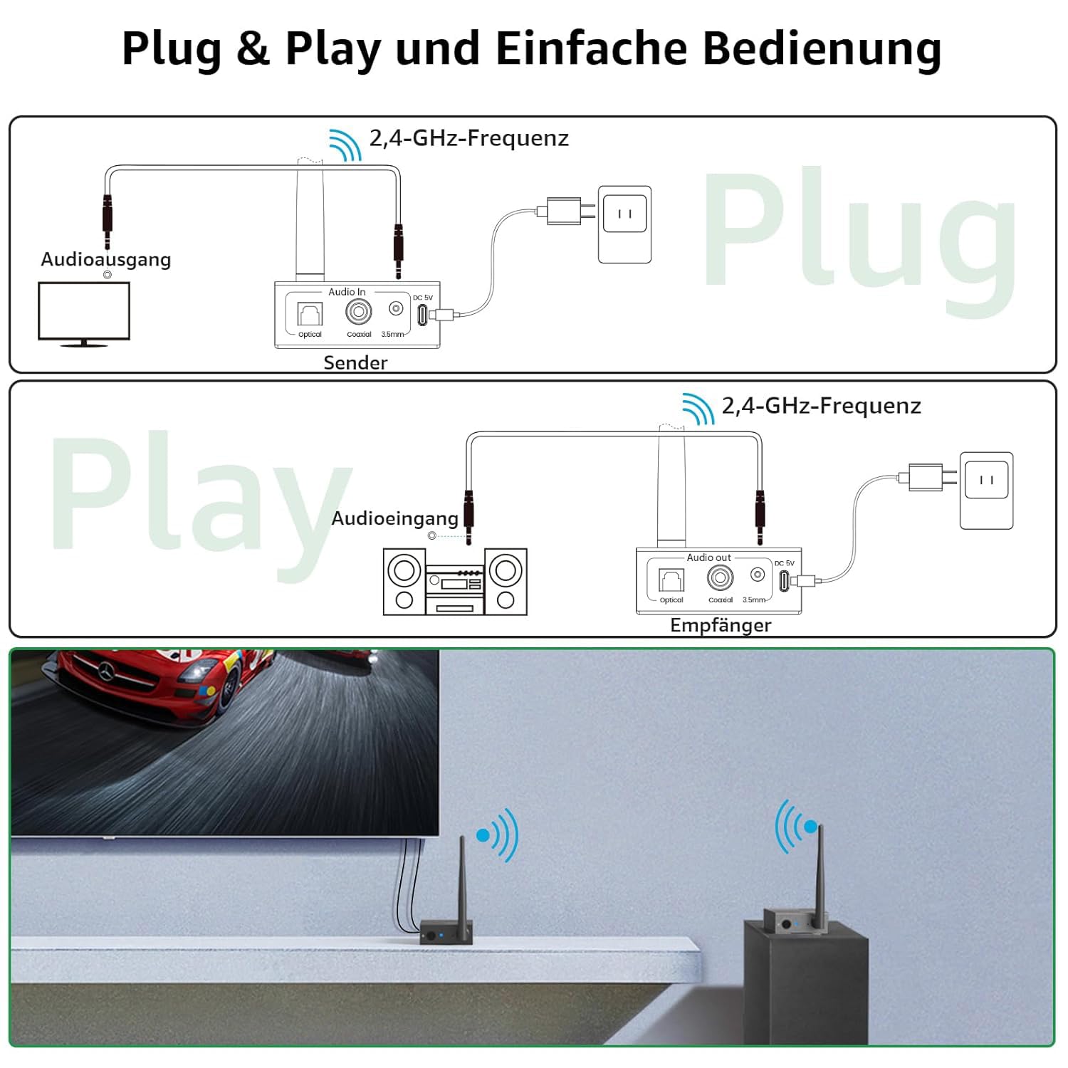 Thumbnail 6 de 1Mii 1 TX + 1 RX drahtloser Audio Sender & Empfänger (2,4 GHz) für TV/PC zu Subwoofer, Aktivlautsprechern & Verstärkern