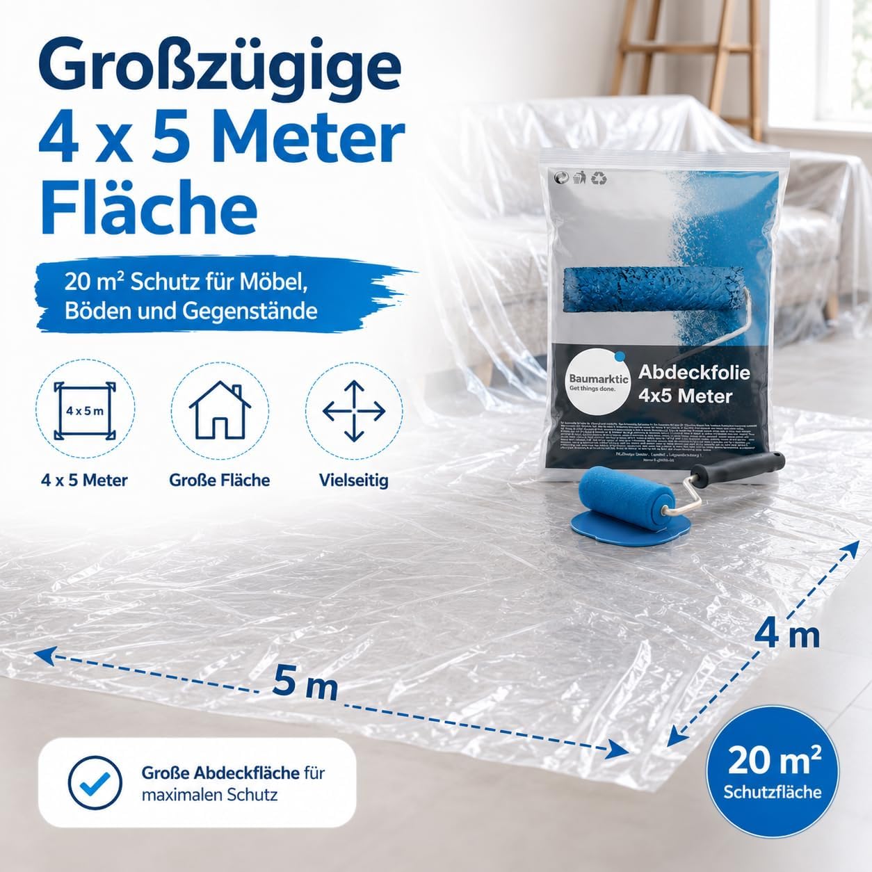 Detalle 1 de 6-pack målarpresenning 4 x 5 m – transparent och extra stark täckfolie