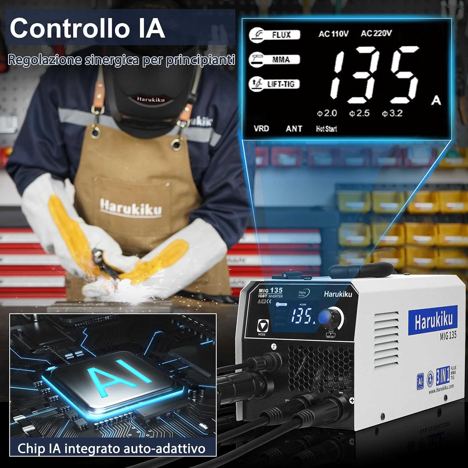 Detalle de Harukiku135 saldatrice a filo continuo: 3-in-1 per uso domestico e professionale (MIG/MMA/Lift TIG)