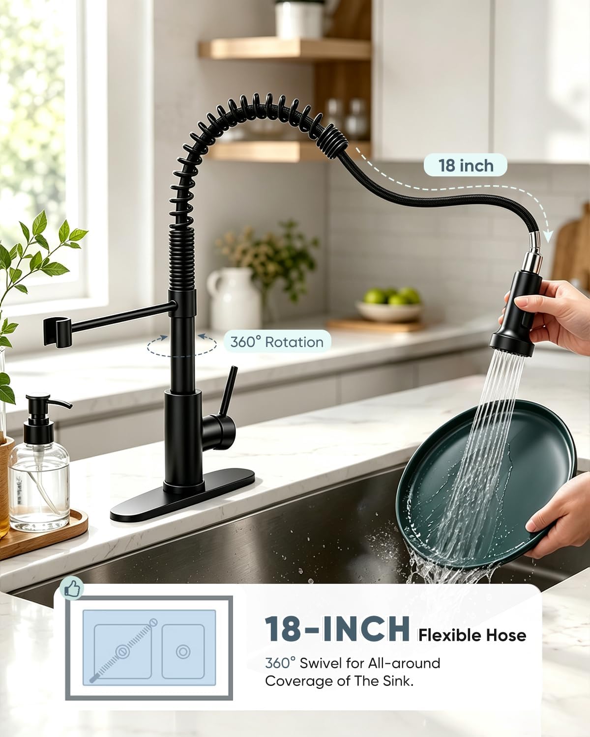 Detalle 2 de OWOFAN 9009R-A Pull-Down Kitchen Faucet, Matte Black, 360° Swivel