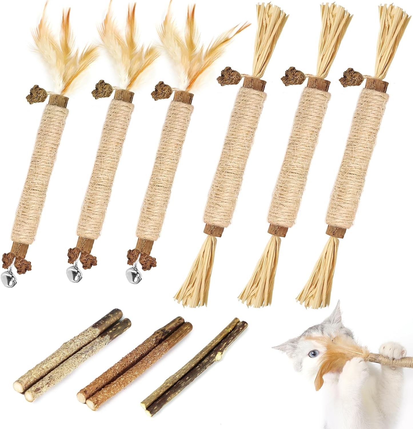 Detalle de Tocirelo Cat Toys 12pack Silvervine Chew Toys with Feathers and Catnip