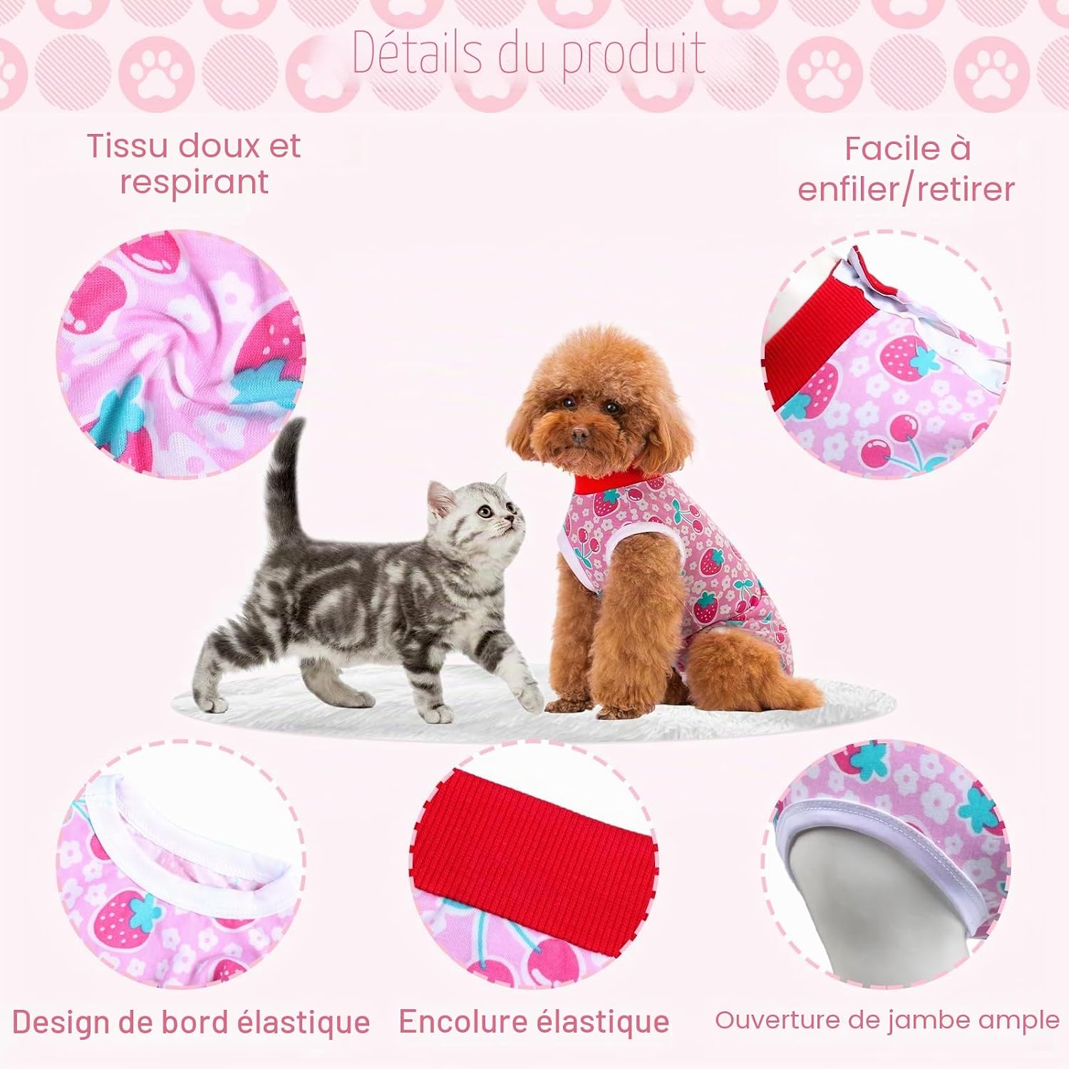 Detalle de FEimaX Combinaison de Récupération pour Chiens et Chats – Taille XS à XXL, post-opératoire, coton/lycra, protection et confort