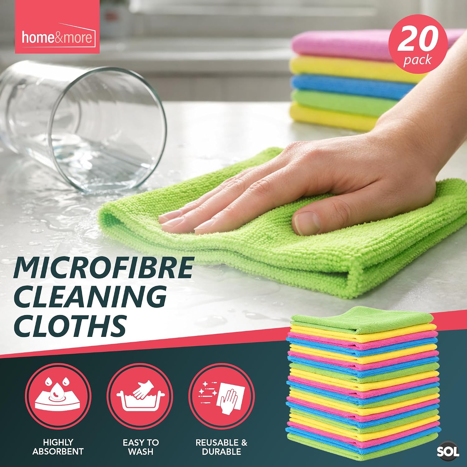 Detalle de SOL 20pk Microfibre Cloths – 28x28cm, Lint-Free Cleaning Rags for Everyday Tasks