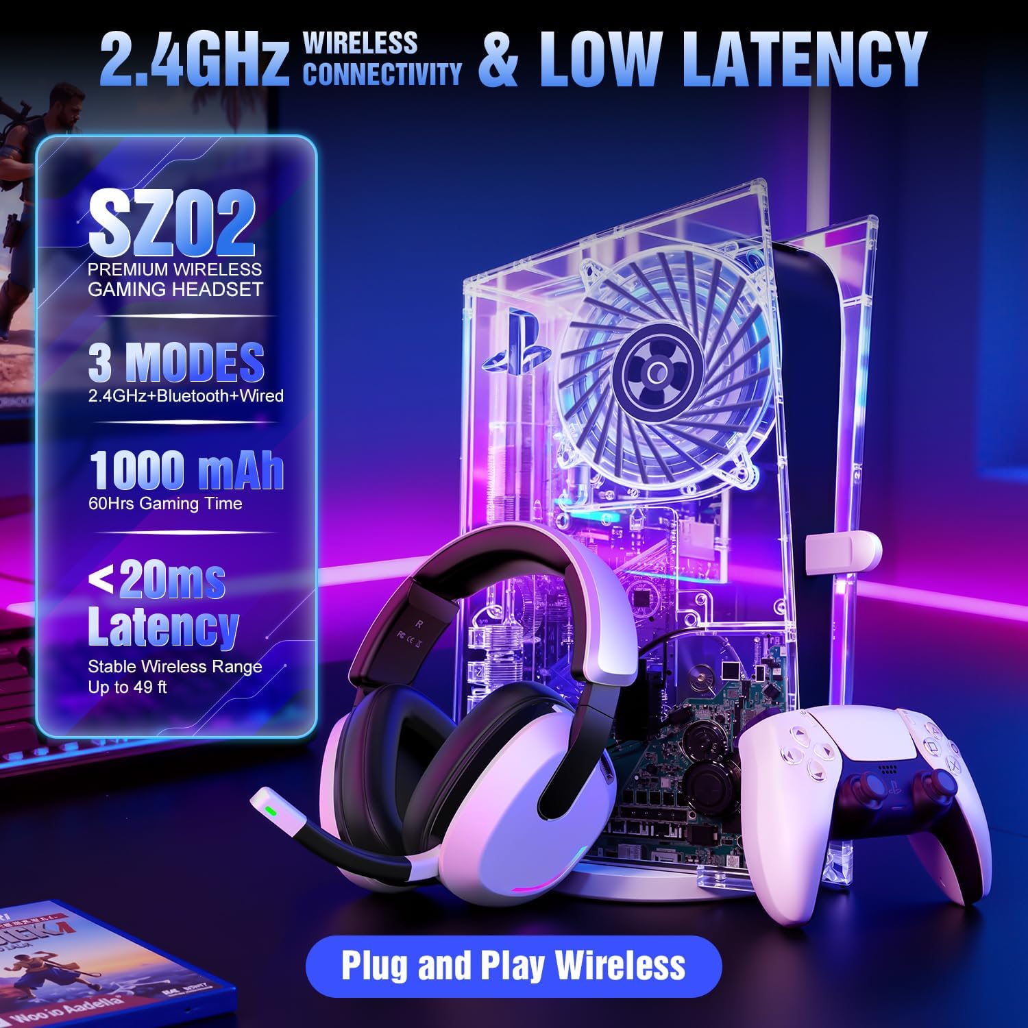 Thumbnail 1 de BENGOO Wireless Gaming Headset for PS5/PS4/PC/Switch: RGB, 60H Battery, 7.1 Surround, and Noise-Canceling Mic