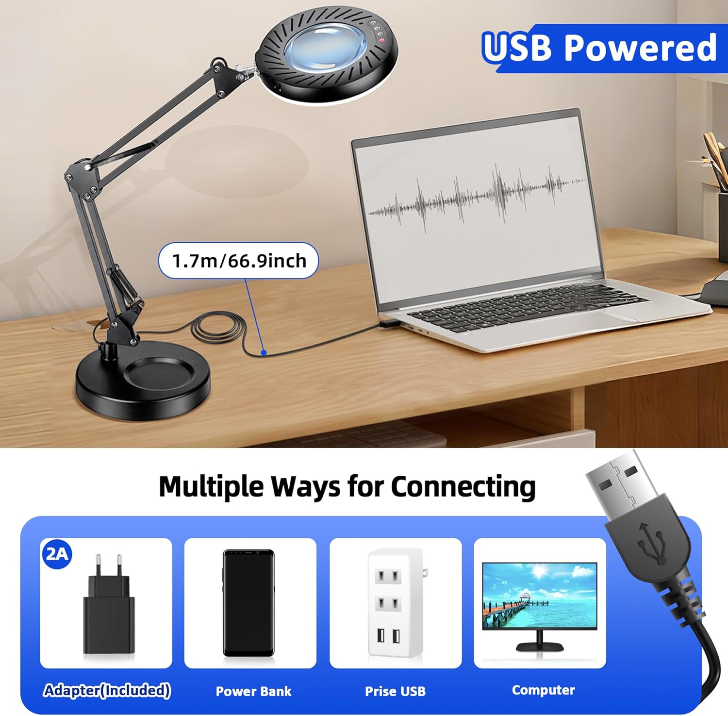Detalle de Akynite 12X Lampe Loupe avec Lumière et Support – 144 LED, Bras articulé, 9 luminosités, 2A adaptateur inclus