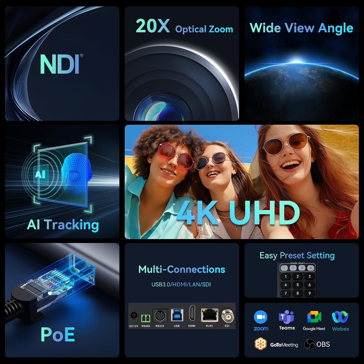 Thumbnail 1 de TONGVEO 4K NDI PTZ Camera with AI Auto-Tracking and 20X Optical Zoom