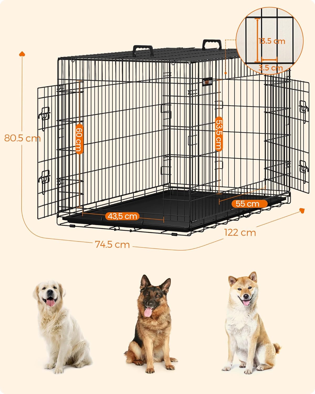 Detalle de Feandrea Gabbia per Cani Pieghevole XXL con 2 Porte e Divisorio, Nero PPD48BK