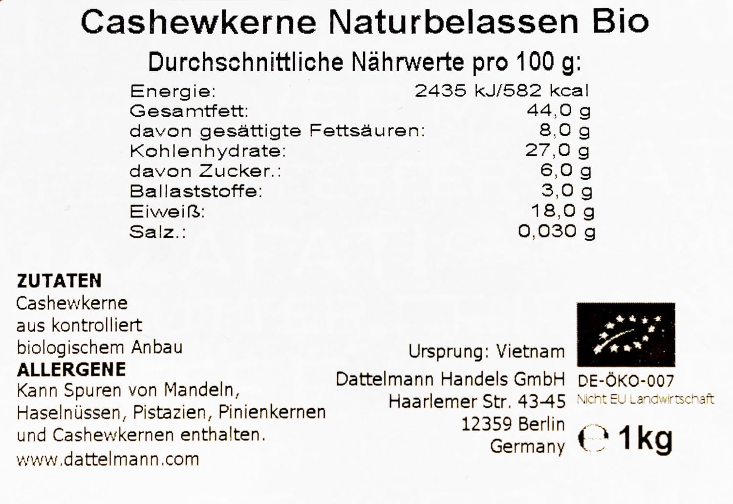 Detalle 2 de DATTELMANN® Bio Cashewkerne 1KG – Ganze Cashewnüsse, roh & unbehandelt
