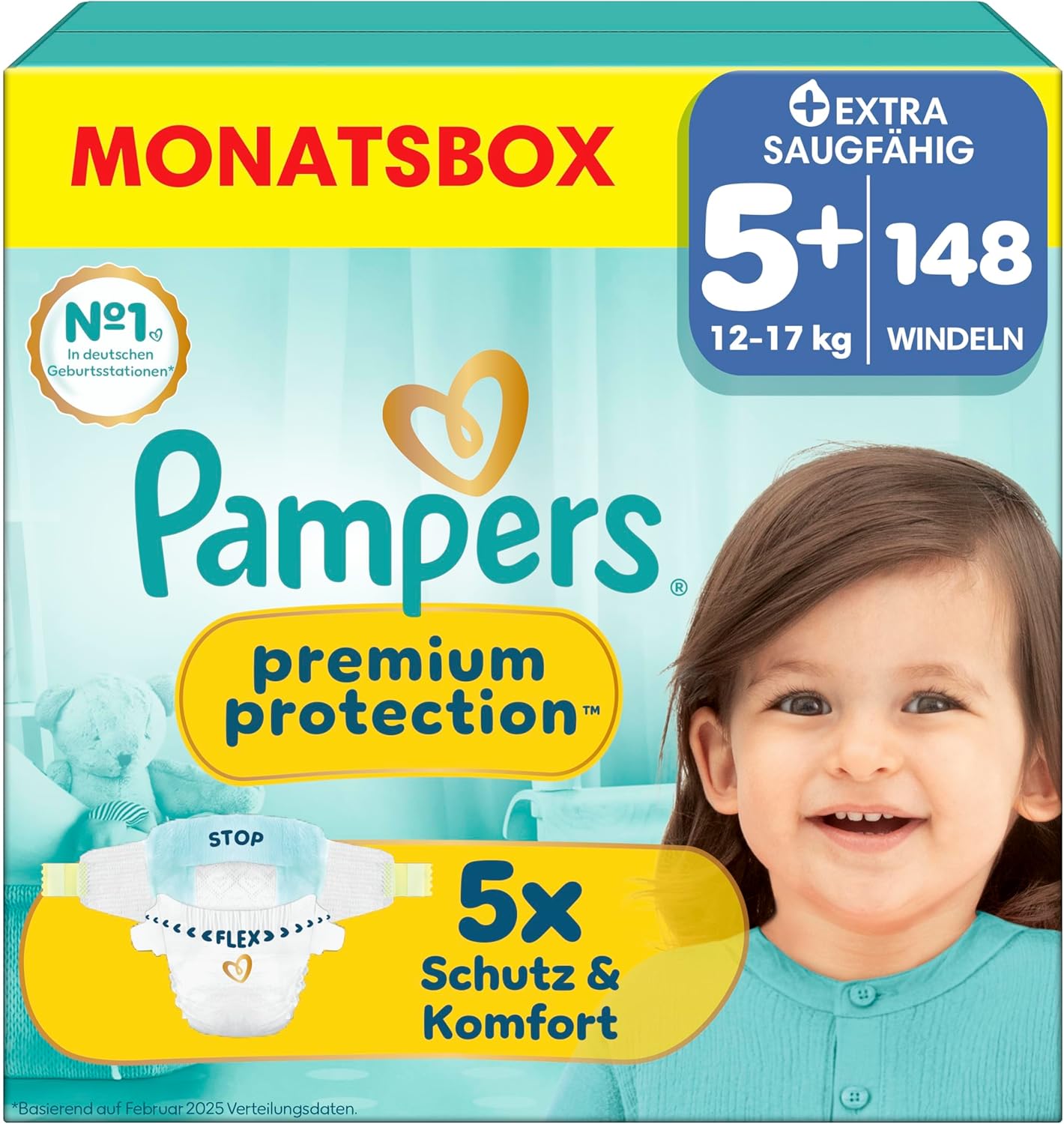 Detalle de Pampers Premium Protection Größe 5+, 148 Windeln (12 kg–17 kg) – Haut- und Auslaufschutz, OEKO-TEX zertifiziert