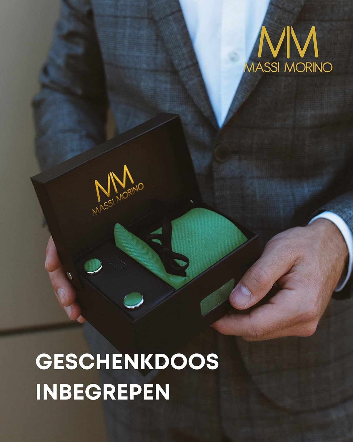 Detalle 1 de Massi Morino stropdassenset met pochet, manchetknopen en dasspeld