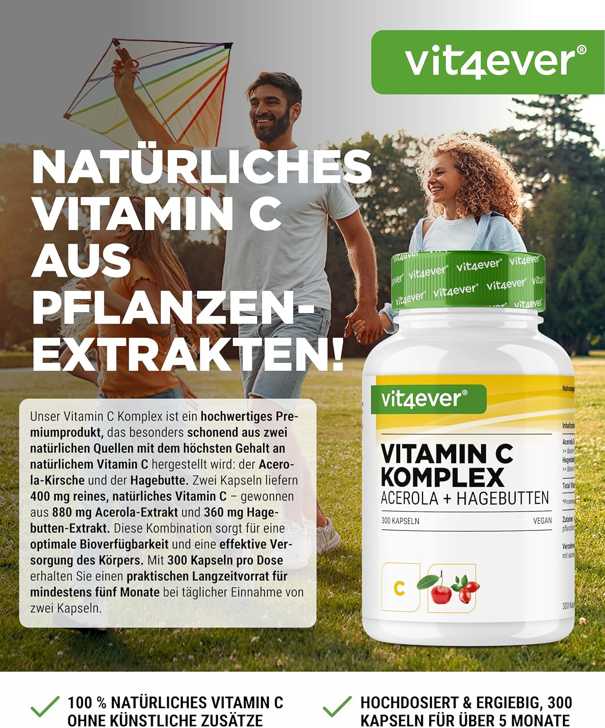 Detalle de vit4ever Natürlicher Vitamin C Komplex mit Acerola- & Hagebutten-Extrakt – 300 Kapseln (5 Monatsvorrat)