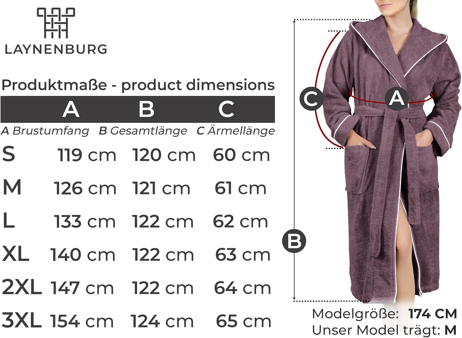 Detalle 2 de LAYNENBURG Damen-Bademantel aus Frottee mit Kapuze, 100% Baumwolle (360 g/m²) – lang & OEKO-TEX für S–3XL