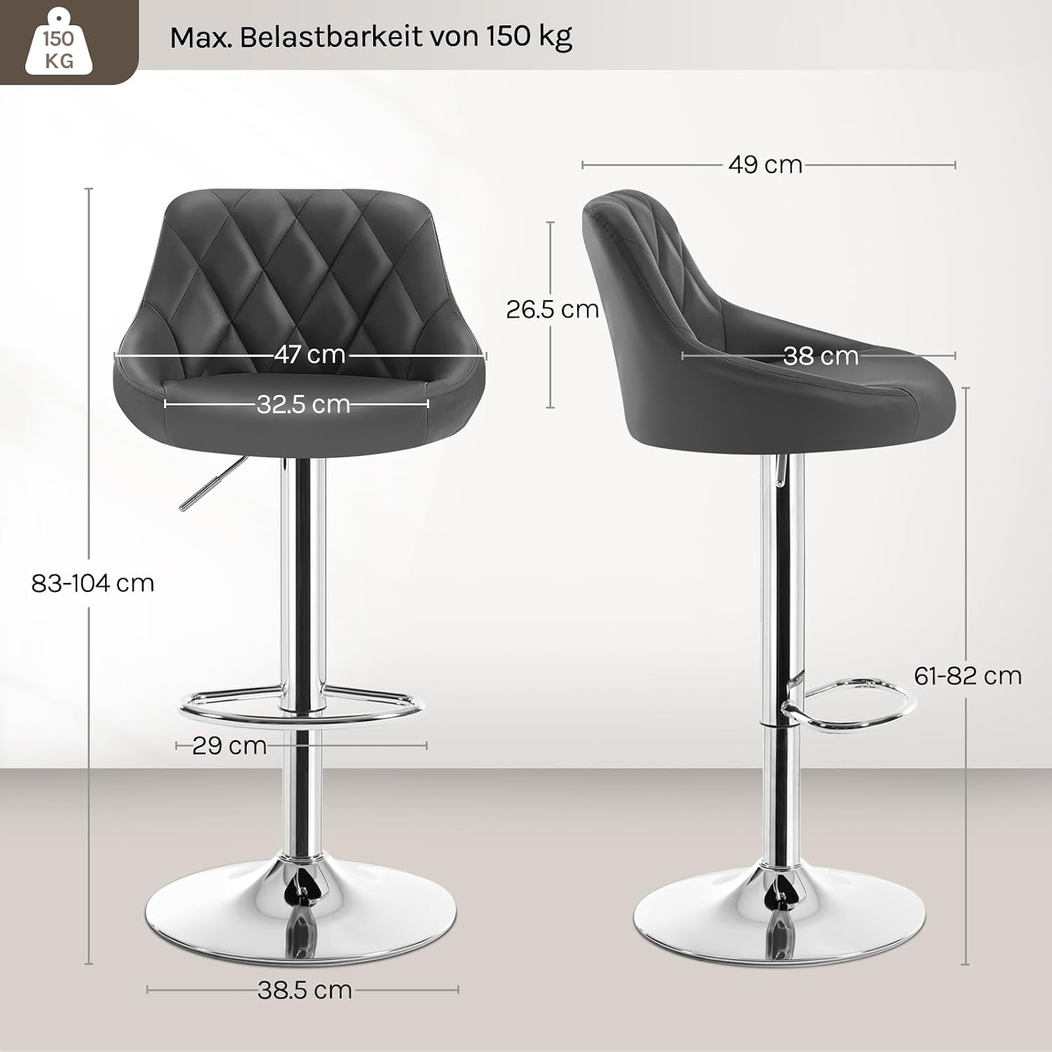 Detalle de WOLTU Barhocker-Set (2er) mit Rückenlehne, höhenverstellbar & drehbar – gepolsterter Kunstledersitz in Grau