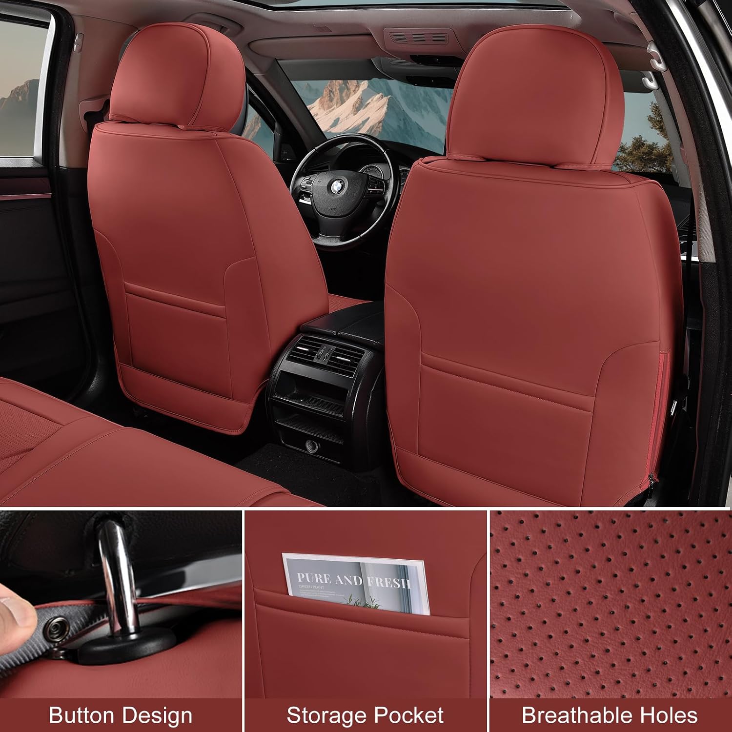 Thumbnail 2 de TIEHESYT Wine Red Car Seat Covers Full Set – Breathable Leather Front & Rear Seat Covers with Memory Headrest