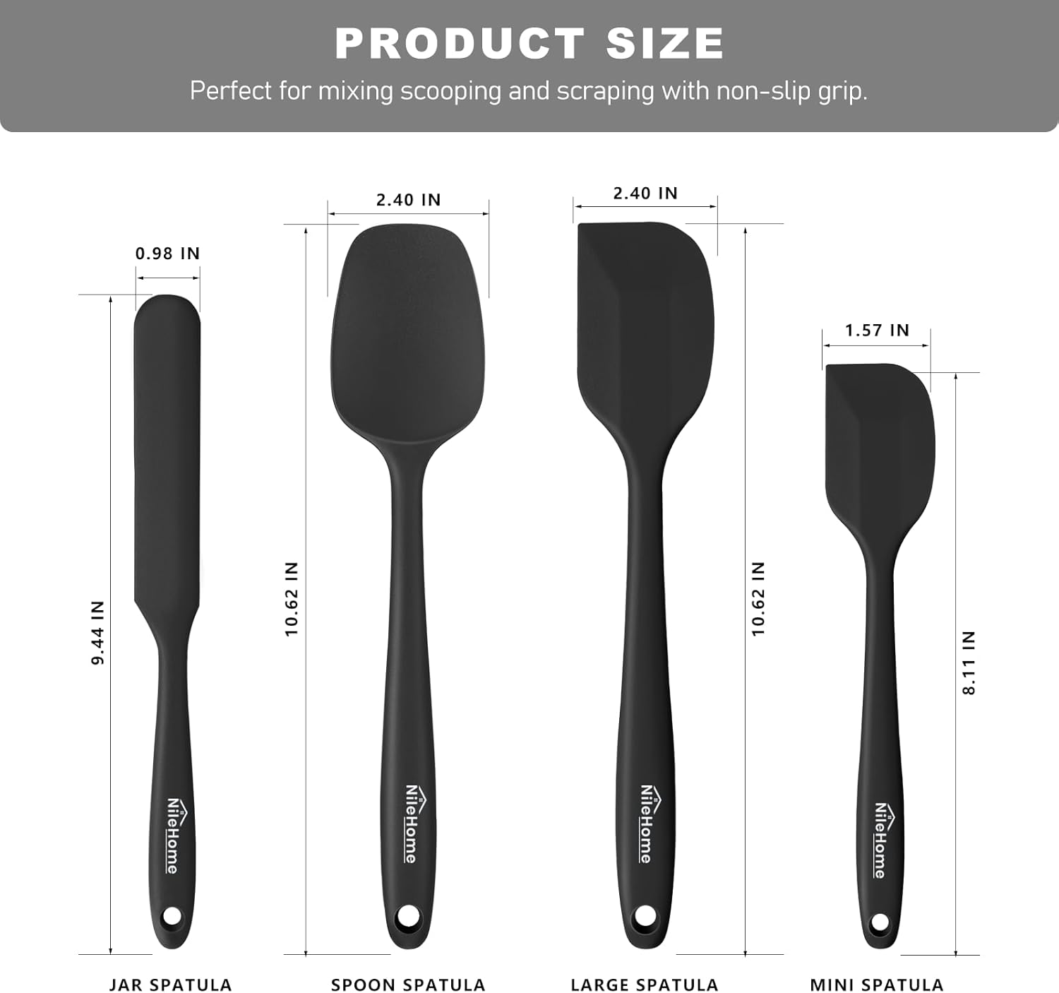 Thumbnail 1 de NileHome Silicone Spatula Set (4-piece) with 18/8 stainless steel core, BPA-free, black