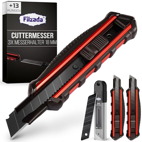 Detalle de Filzada® 3x Cuttermesser Profi 18mm Ultrascharf + 13x Carbon Klingen – robust und vielseitig