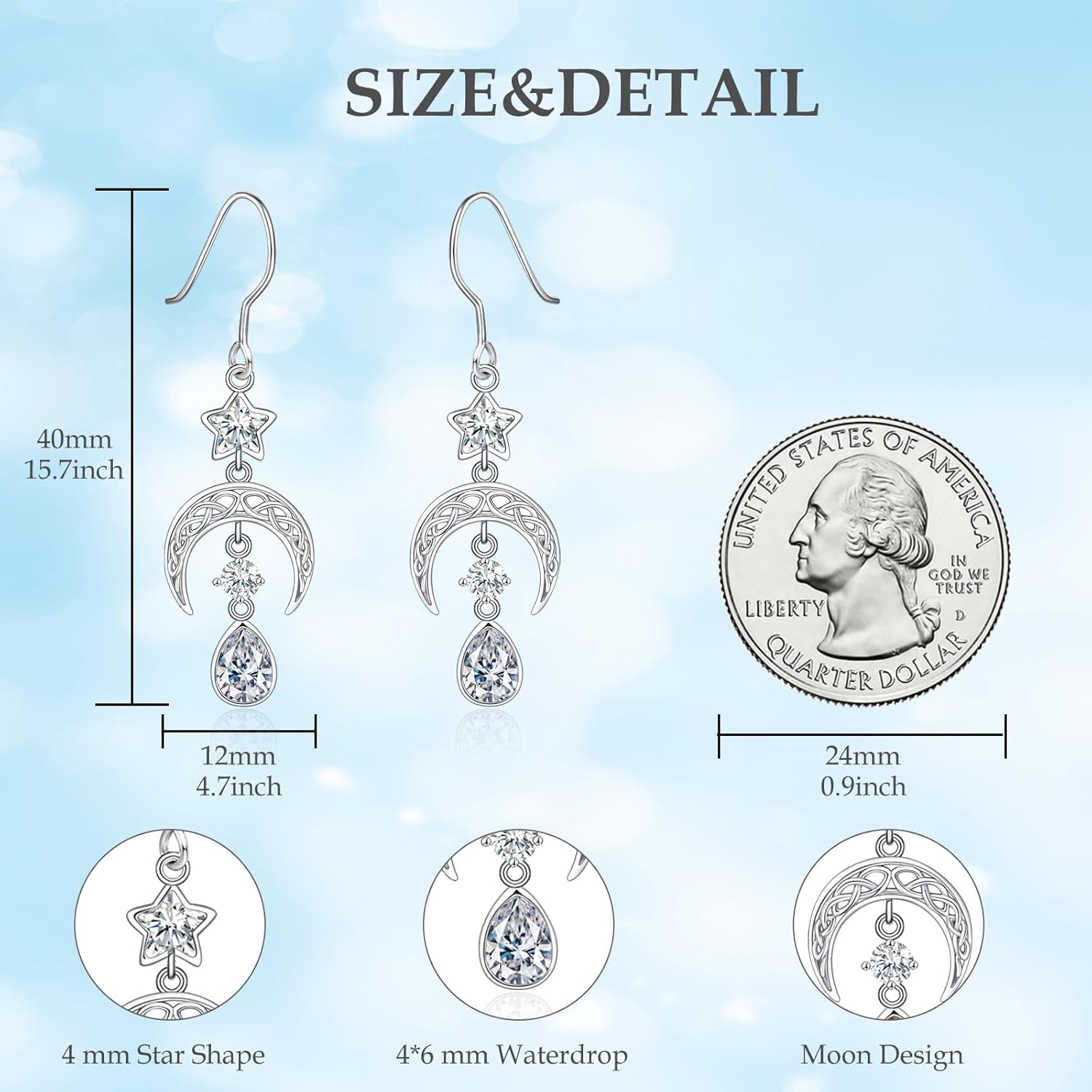 Thumbnail 5 de Qings Birthstone Earrings for Women — 925 Sterling Silver Celtic Moon & Star Birthstone Teardrop Earrings
