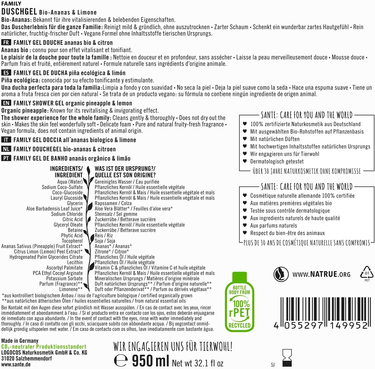 Detalle de SANTE Naturkosmetik Gel doccia rinfrescante con agrumi e ananas biologici – care e idratazione per tutta la famiglia