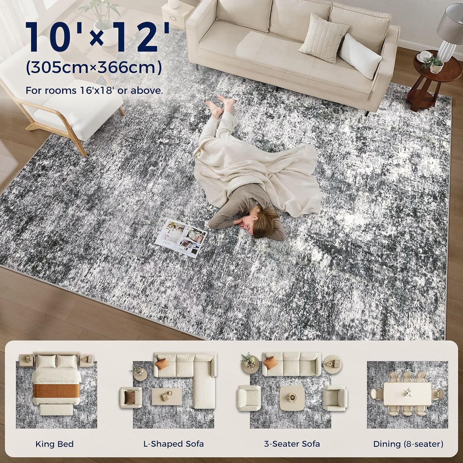 Thumbnail 6 de DMOYEST 10x12 Washable Low Pile Area Rug for Living Room, Bedroom, Dining Room & Office (Grey)