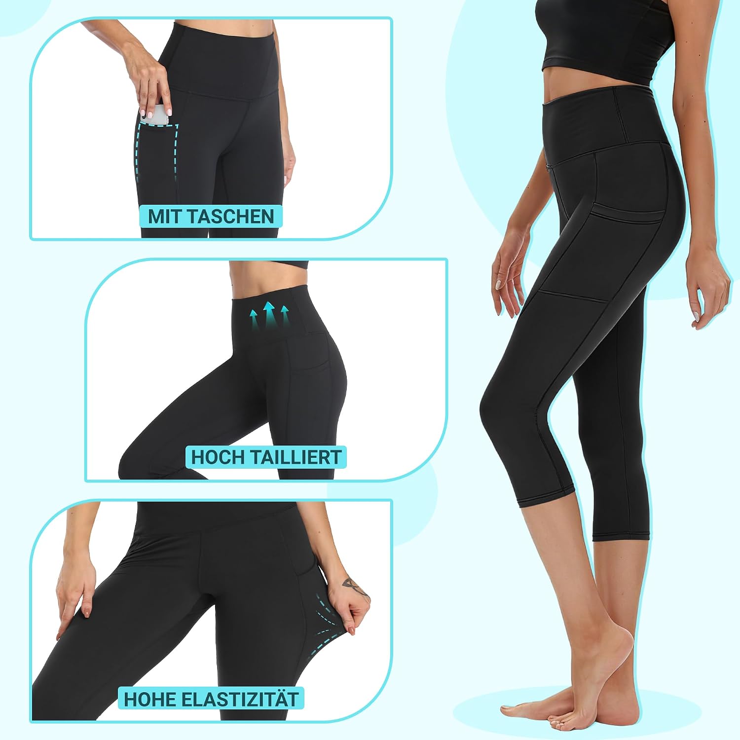 Detalle de HIPOWER 3er Pack Damen Leggings mit Taschen – Capri/3/4 Hose High Waist für Yoga und Fitness