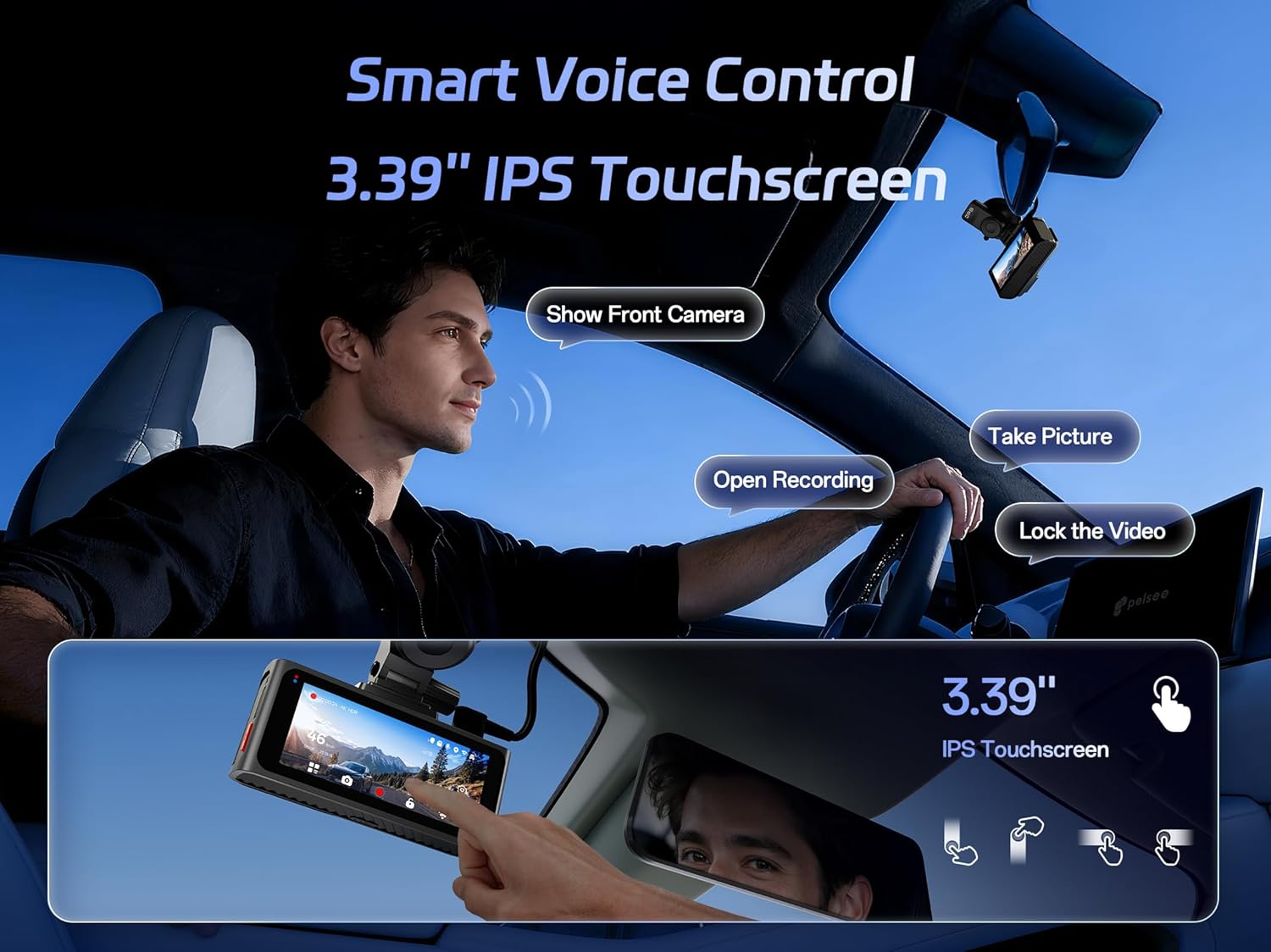 Detalle de Pelsee S3 Touch 4K Dash Cam Front and Rear with STARVIS 2, Night Vision, WiFi 6, ADAS, 128GB Included