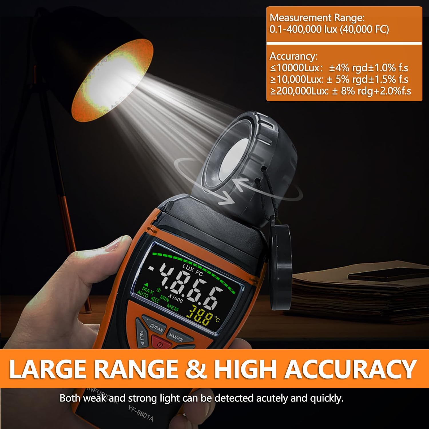 Thumbnail 4 de H HoldPeak Handheld Digital Light Meter (0.1–400,000 Lux) with 270° Rotating Sensor