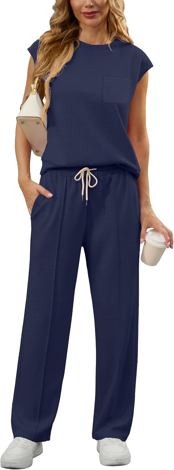 Thumbnail 6 de GRECERELLE Two Piece Women’s Summer Tracksuit Set – Crew Neck Cap Sleeve Top & Jogging Bottoms with Pockets