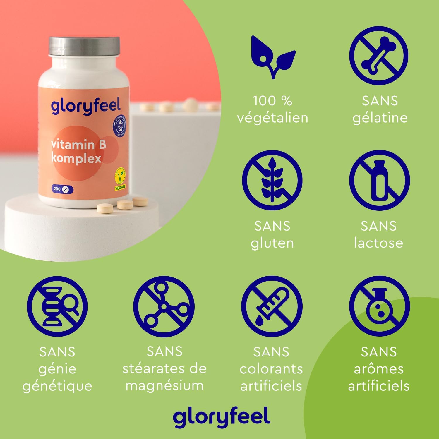 Detalle de Vitamine B Complex Gloryfeel – 200 comprimés végan, 8 vitamines B + 7 mois d’utilisation
