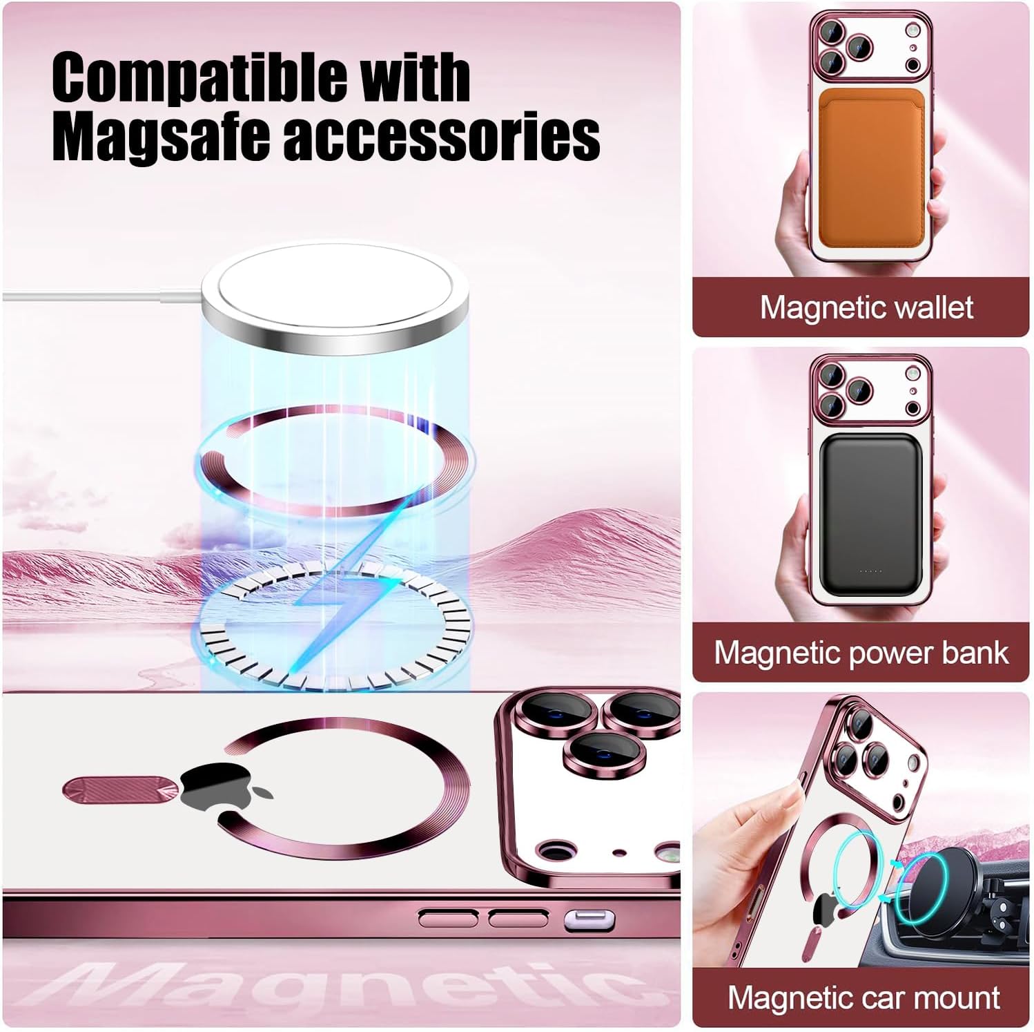 Detalle de Misscase Magnetic Clear Case for iPhone 17 Pro (6.3 inch) with Camera Lens Protector & Privacy Screen (Pink)