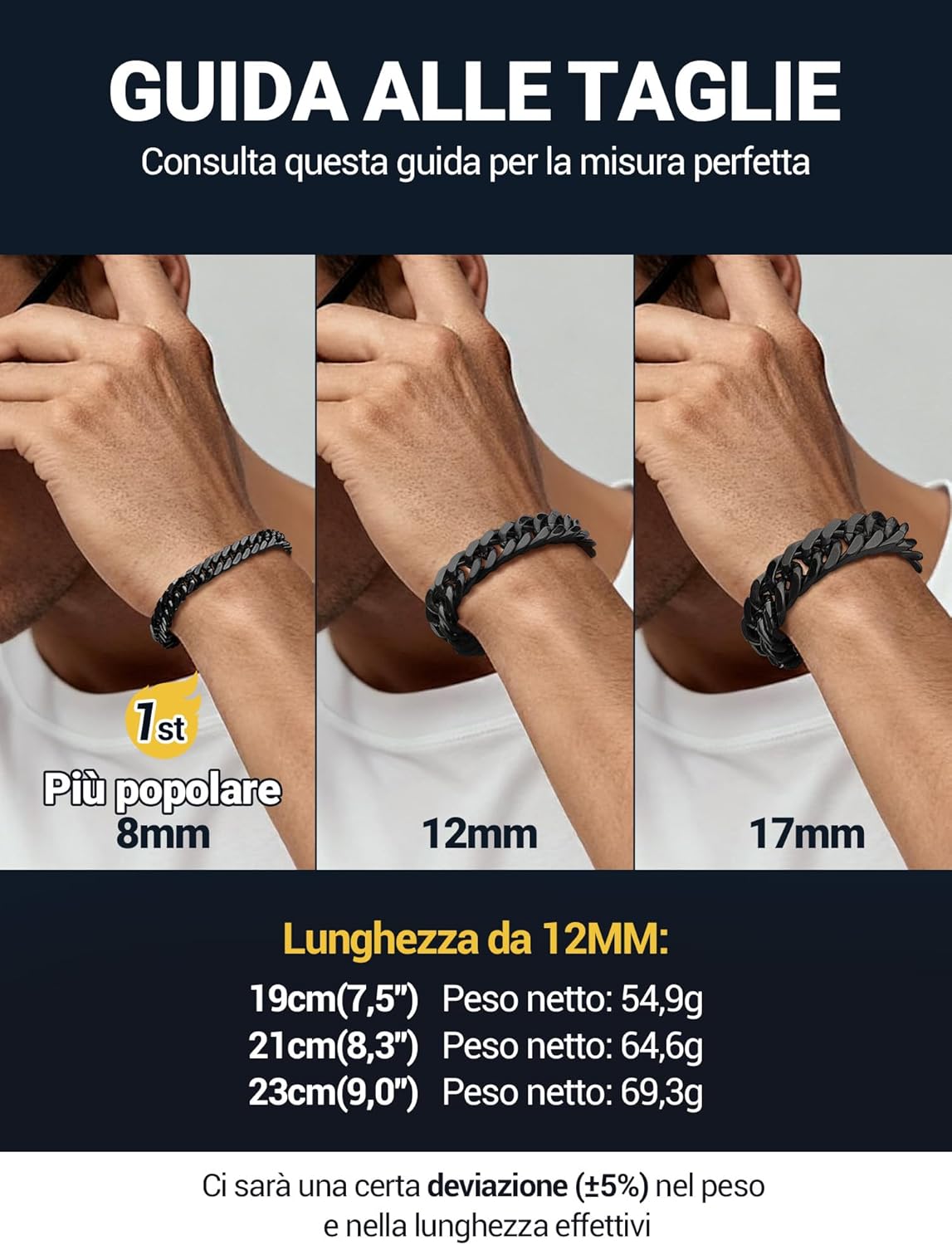 Thumbnail 2 de PROSTEEL Neutro Braccialetto Catena Cubana Uomo – 12 mm, acciaio 316L placcato oro/nero