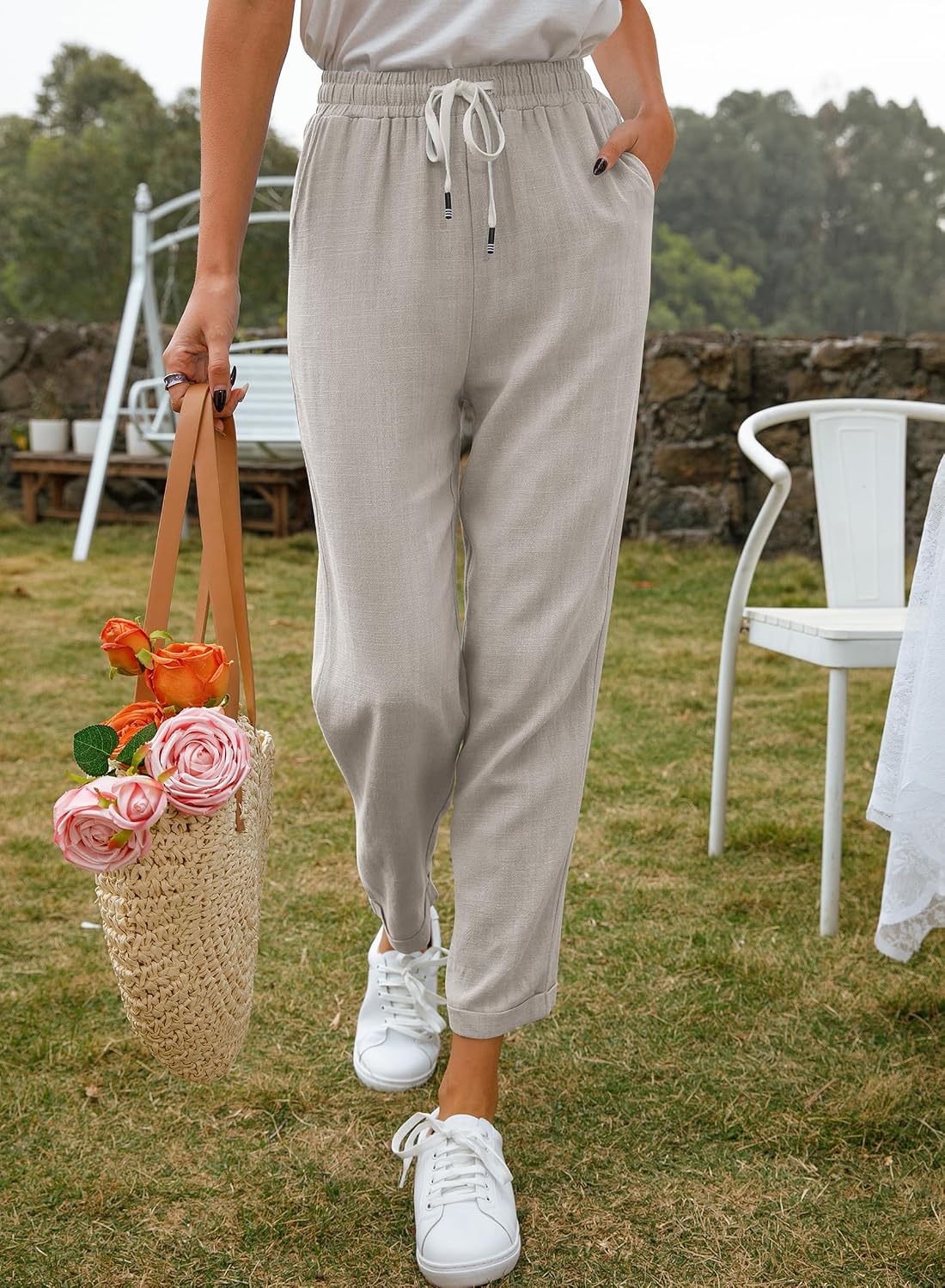 Detalle 2 de Hose Damen Leinen Sommerhose 7/8 Casual mit elastischem Bund und Taschen (60% Leinen, 40% Viskose)