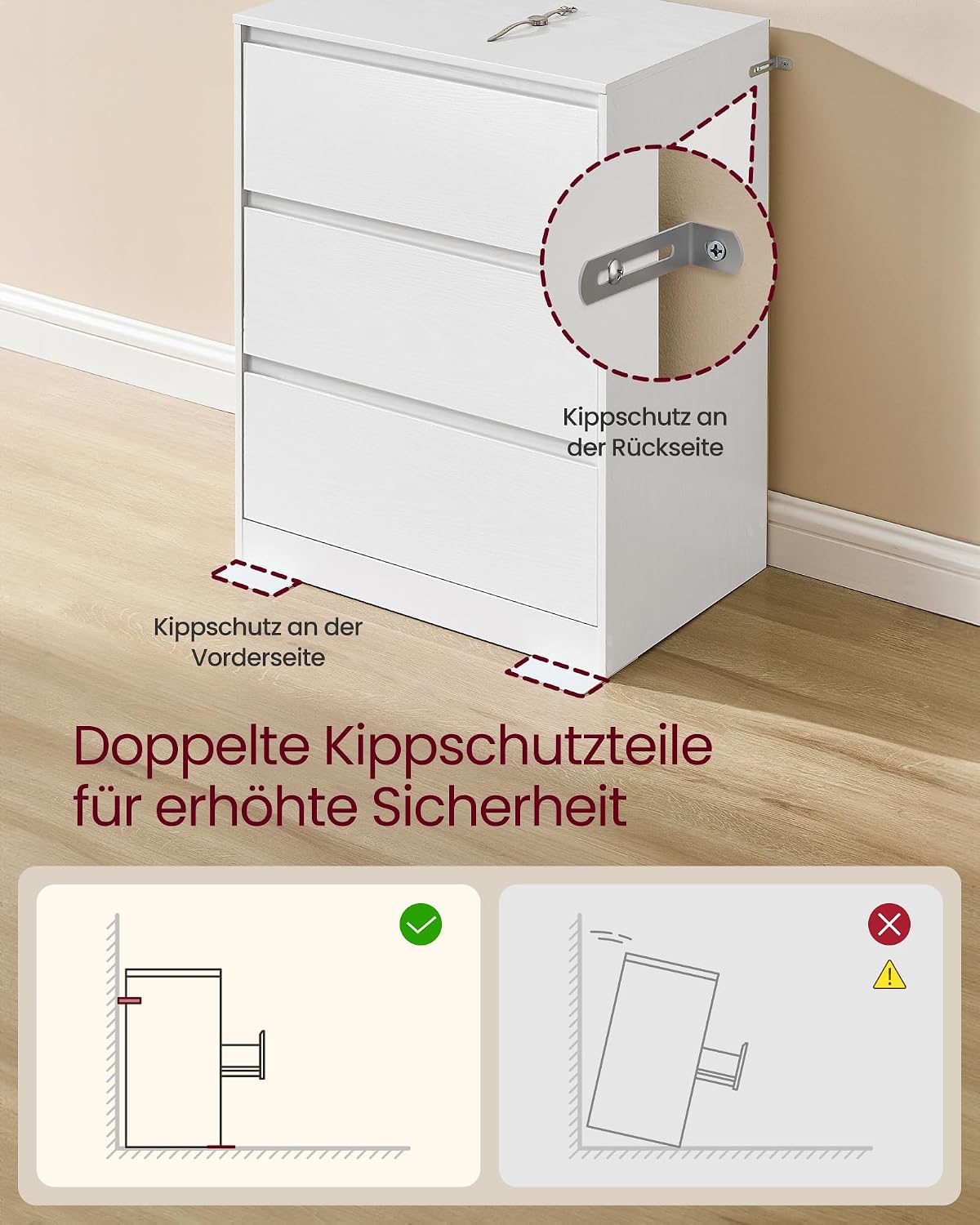Thumbnail 5 de VASAGLE Kommode mit 3 Schubladen – Kailyn Schneeweiß, 40 x 60 x 75 cm, LTS613WE01