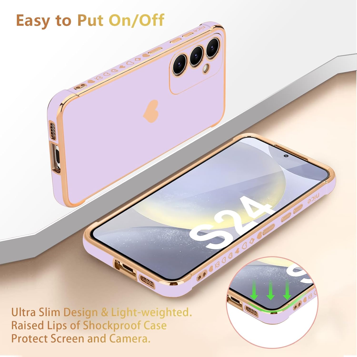Thumbnail 3 de Urarssa Cute Bling Heart Case for Samsung Galaxy S24 (Purple) – shockproof silicone bumper cover
