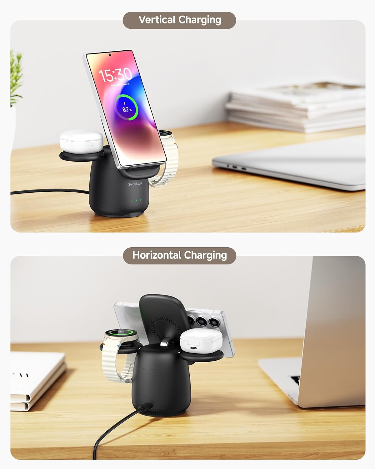 Detalle de SwanScout 707S 3-in-1 Wireless Charging Station for Samsung phones, Galaxy Watch and Buds