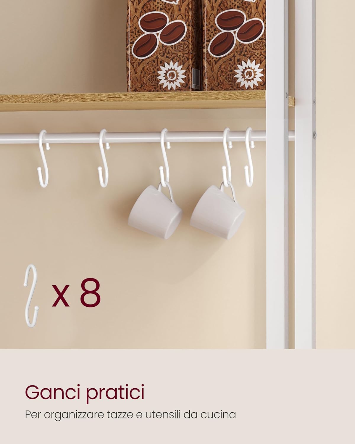 Thumbnail 5 de VASAGLE Scaffale Cucina con Prese, 40 x 60 x 170 cm, Rovere Dorato e Bianco Nuvola (KKS058Y02)