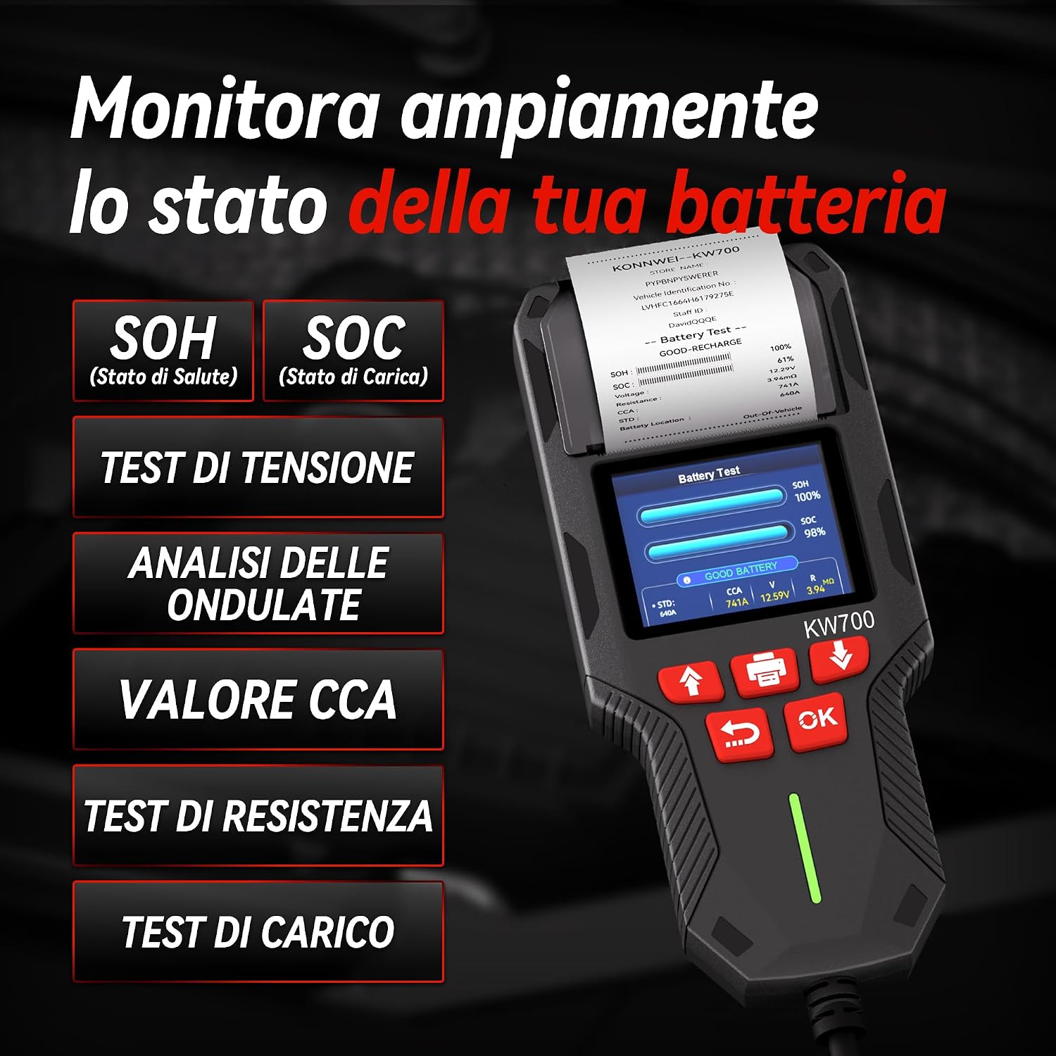 Detalle de KONNWEI KW700: Tester Batteria Auto con Stampante integrata per 12V/24V