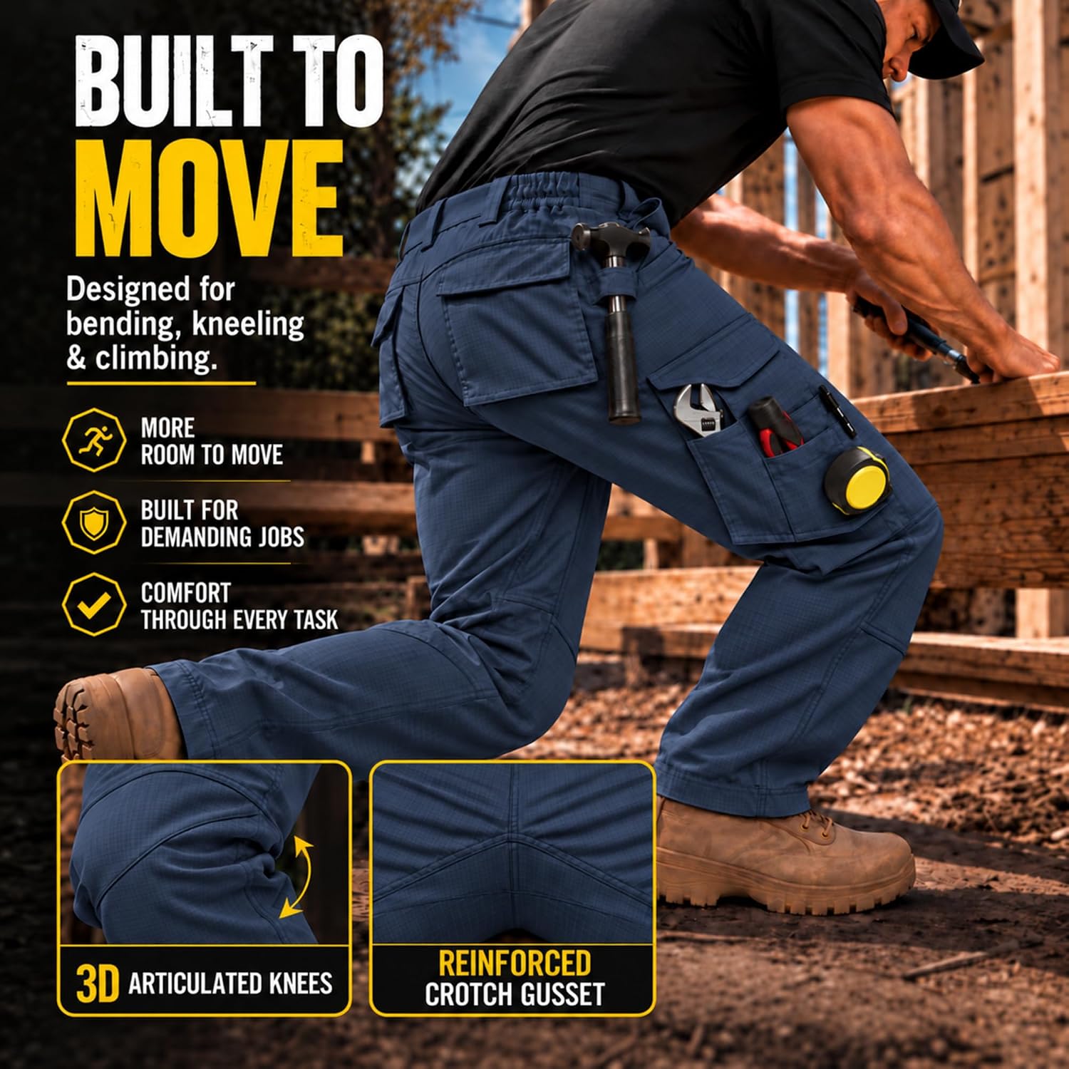 Detalle de ZITY Men's Work Pants, 10-Pocket Water-Resistant Ripstop Cargo Pants