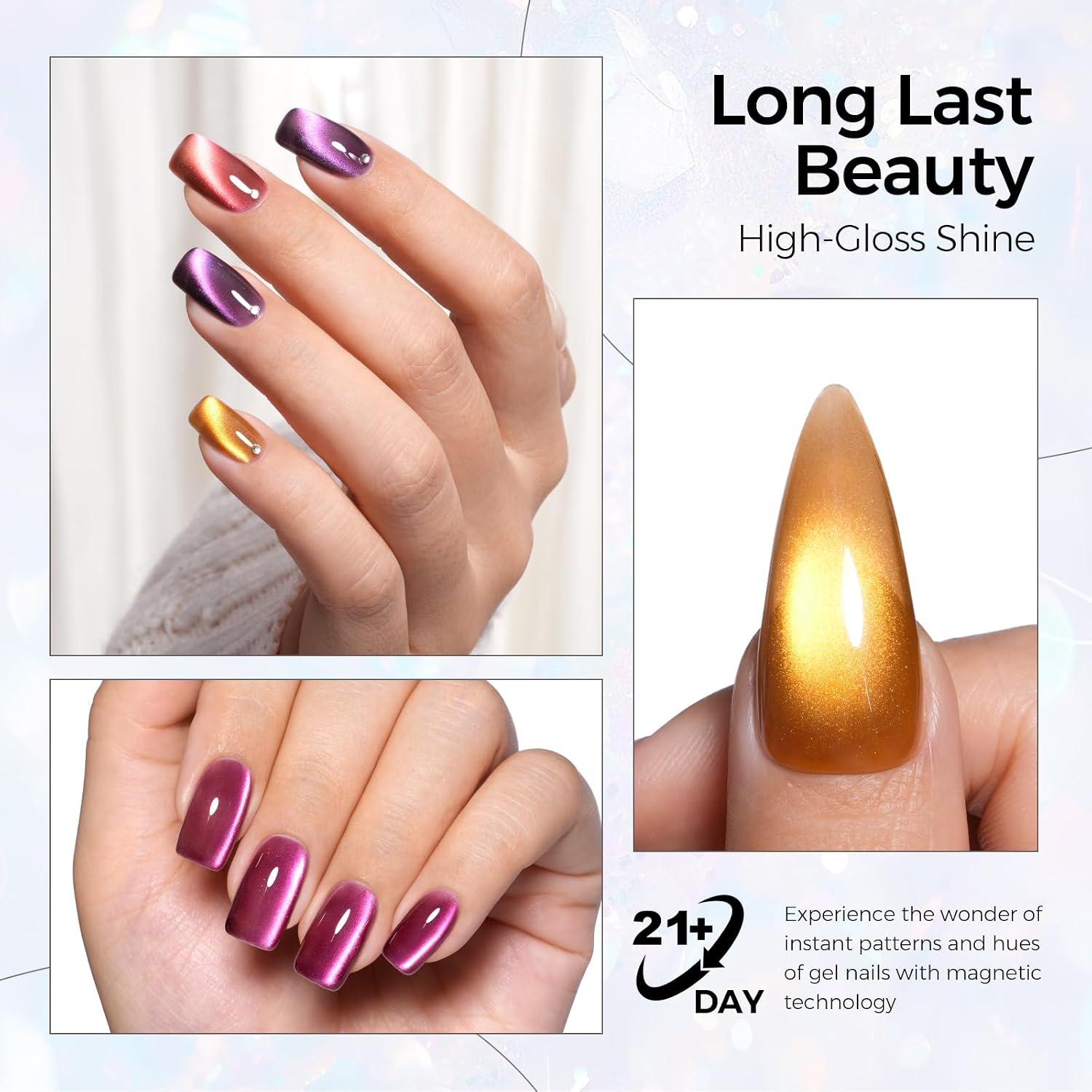 Detalle de TOMICCA Cat Eye Gel Nail Polish – Kit 6 couleurs Violet / Bleu profond, effet verre cristal magnétique, 8ml
