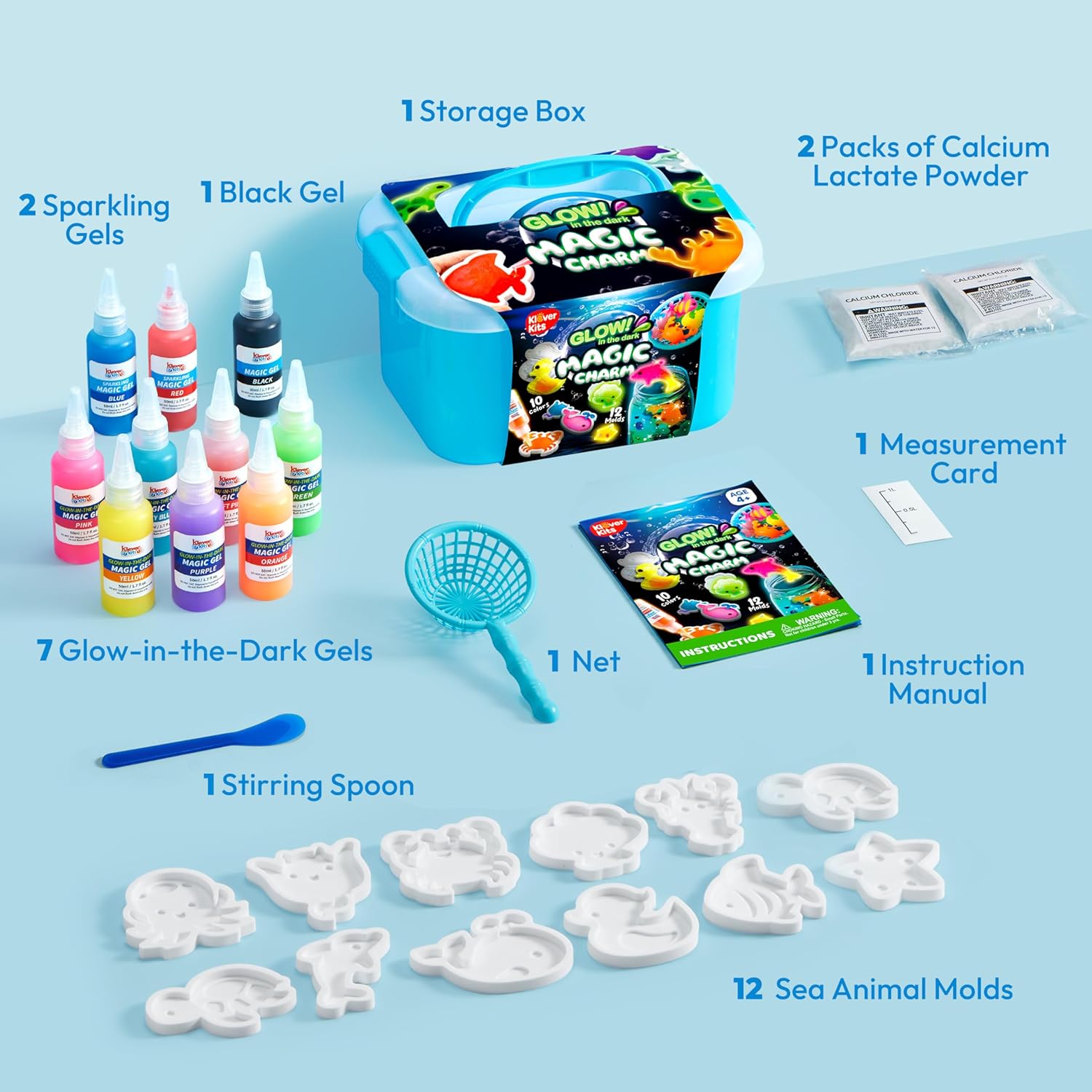 Detalle de Klever Kits Glow-in-the-Dark Water Gel Kit (Magic Fairy Water Pets) with 10 Glow Gels, 12 Sea Creature Molds, and Storage Bottle