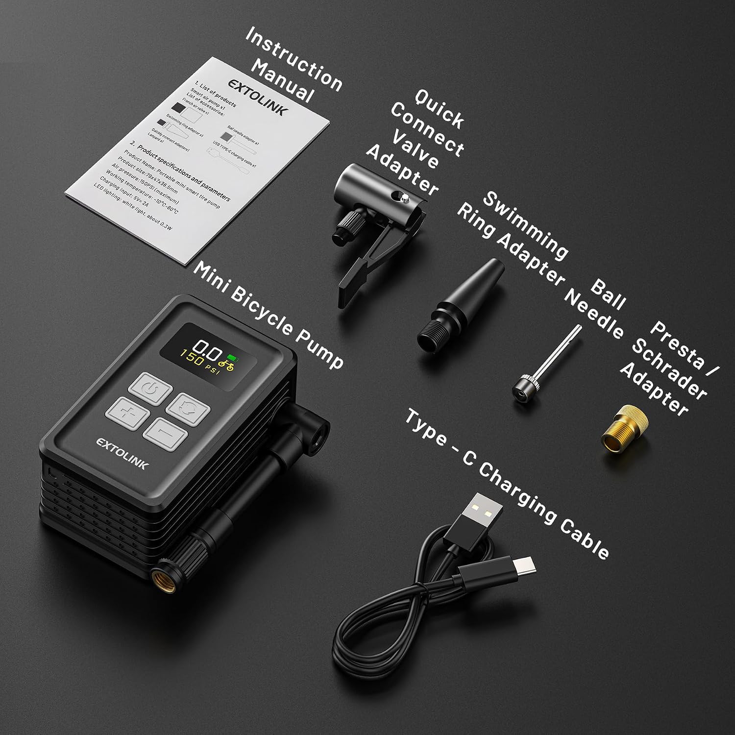 Thumbnail 5 de EXTOLINK NanoPump Pro 2025 150 PSI electric bike pump