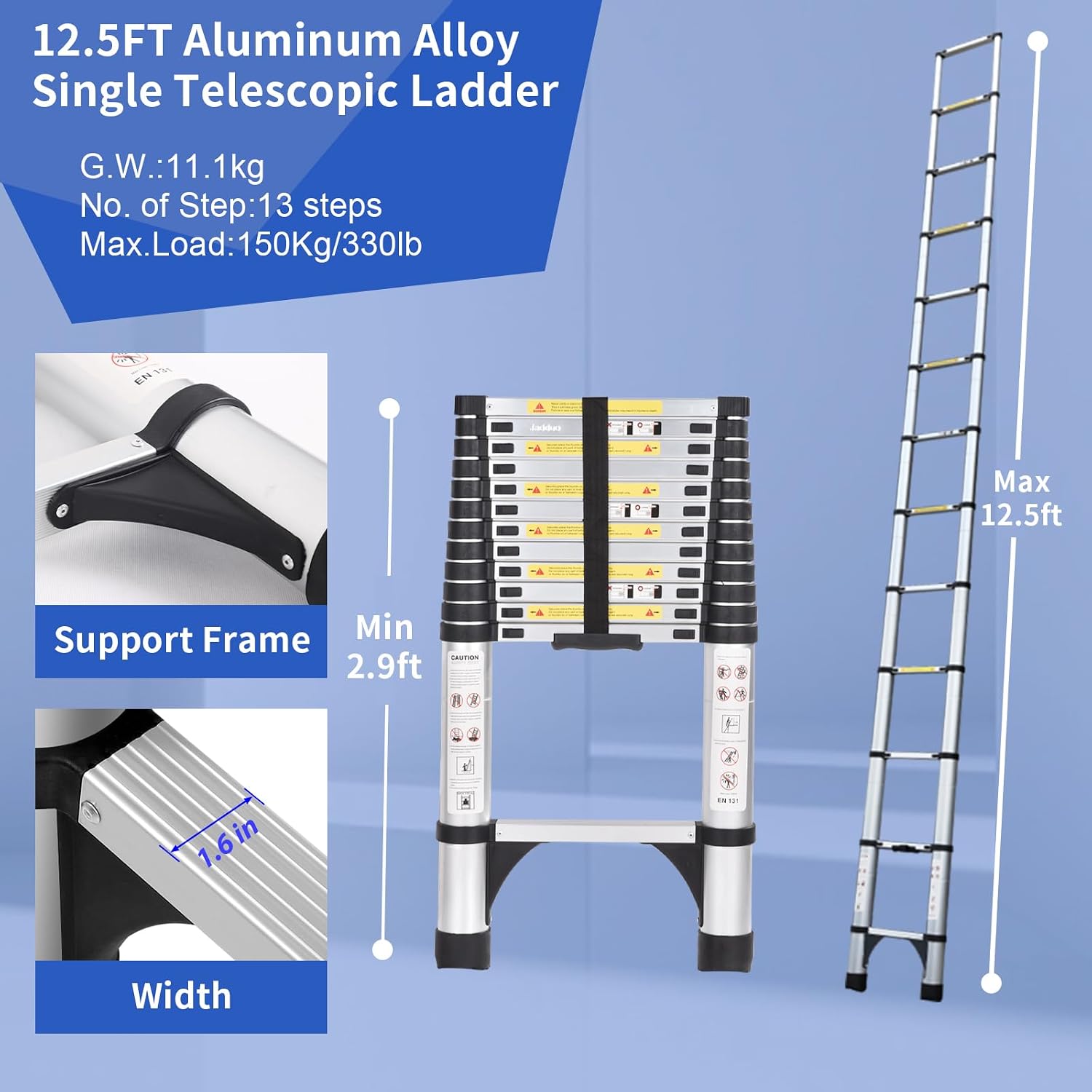 Detalle 2 de JADDUO 29.5 FT Telescoping Aluminum Ladder with Hooks, Wheels & Stabilizer Bar