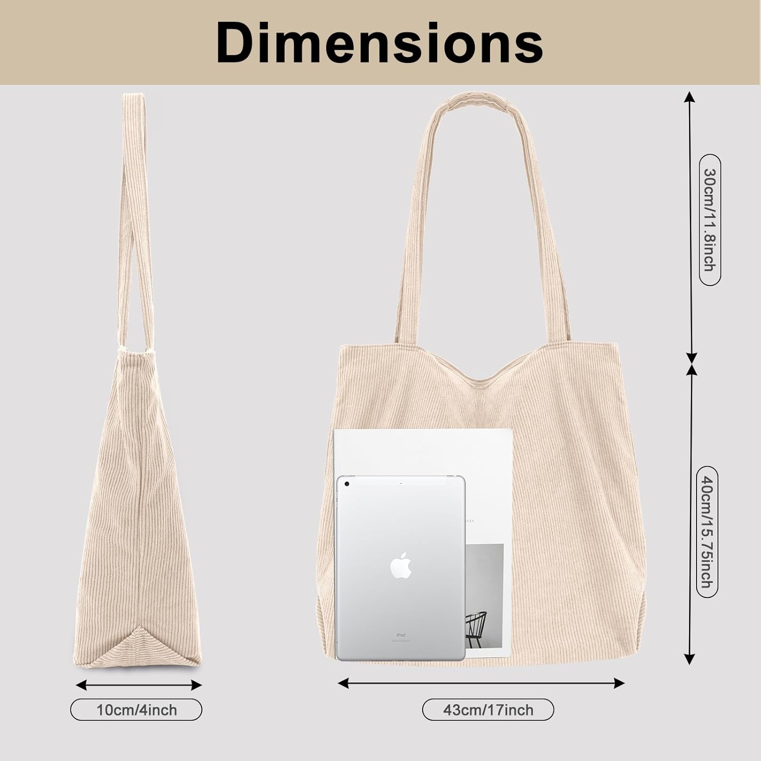 Detalle de CNMTCCO Cord Tasche Damen Umhängetasche: Große Shopper-Tote mit Reißverschluss aus Cord, Alltagstauglich und vielseitig