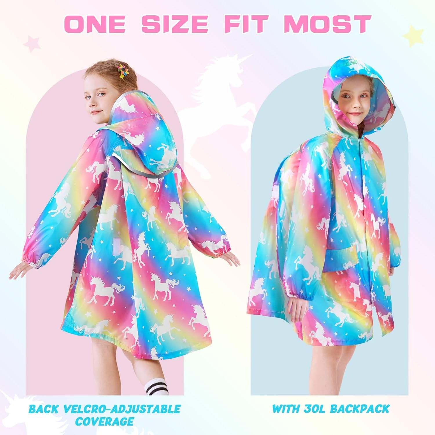 Detalle de WAWSAM Kids Rain Poncho: Lightweight, Waterproof Rainbow Unicorn Poncho for Outdoors