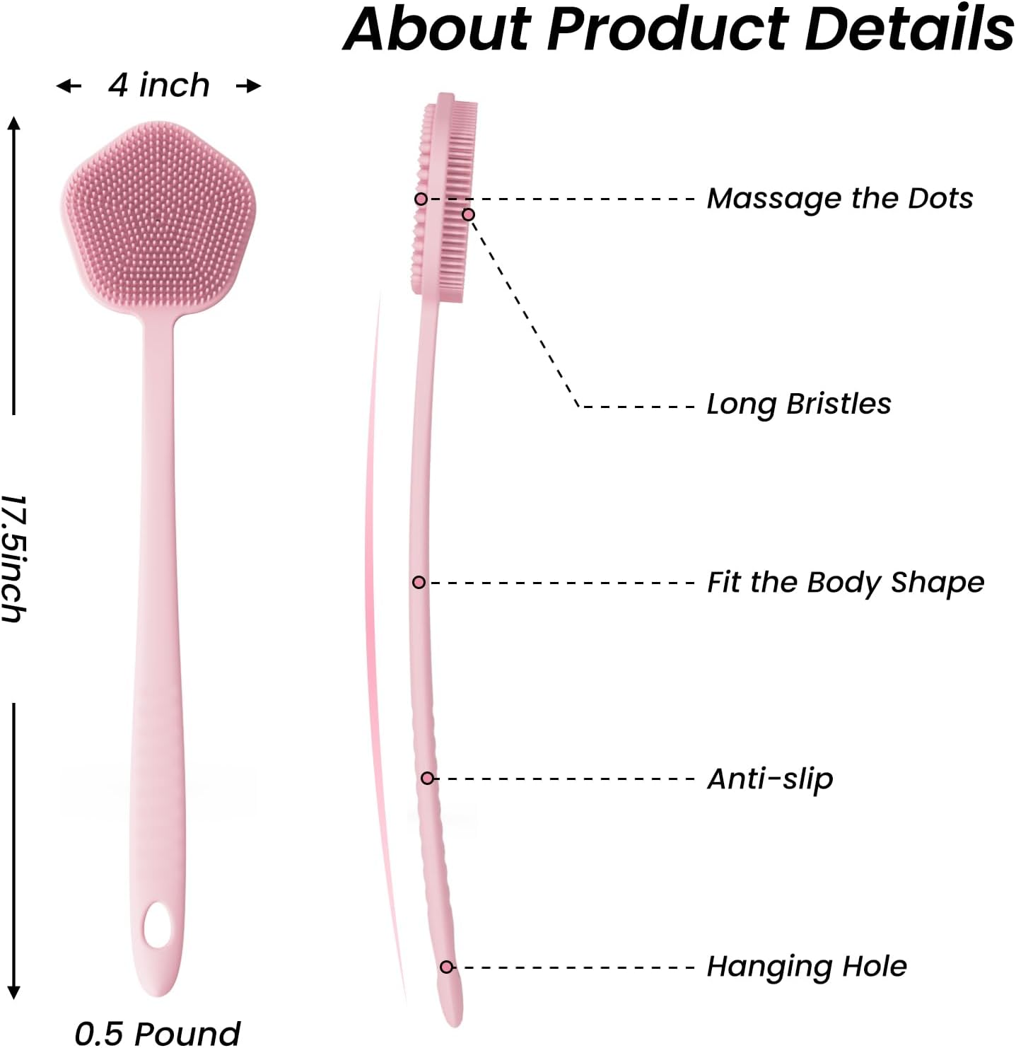 Thumbnail 1 de Redfly 44cm Silicone Back Scrubber for Shower – Double-Sided, Long-Handled Body Brush