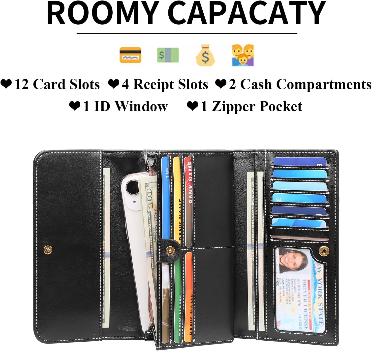 Detalle 2 de GOIACII RFID Blocking Large Leather Wallet for Women – Black