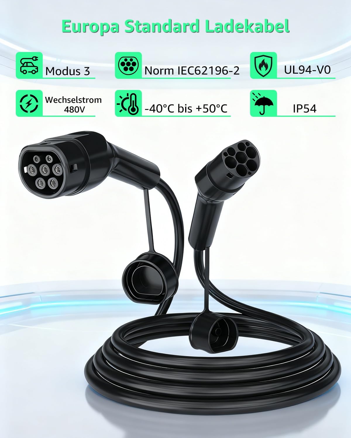 Detalle 2 de GONEO Typ 2 Ladekabel 11 kW, 8 m (3-phasig/16 A, Mode 3) – IP54, TPU abriebfest inkl. Tragetasche